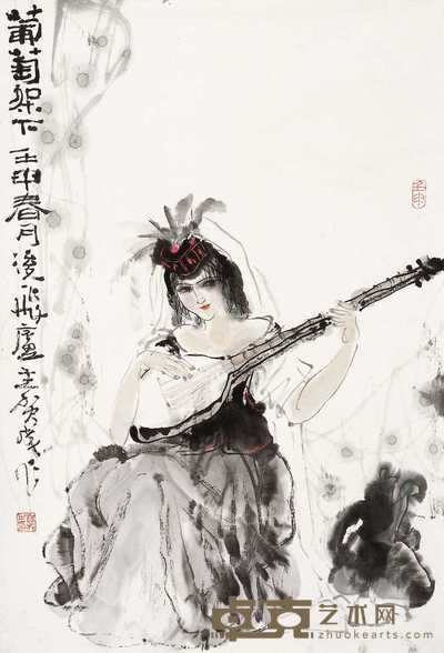 贺成 壬申(1992年)作 葡萄架下 镜心 69×46.5cm